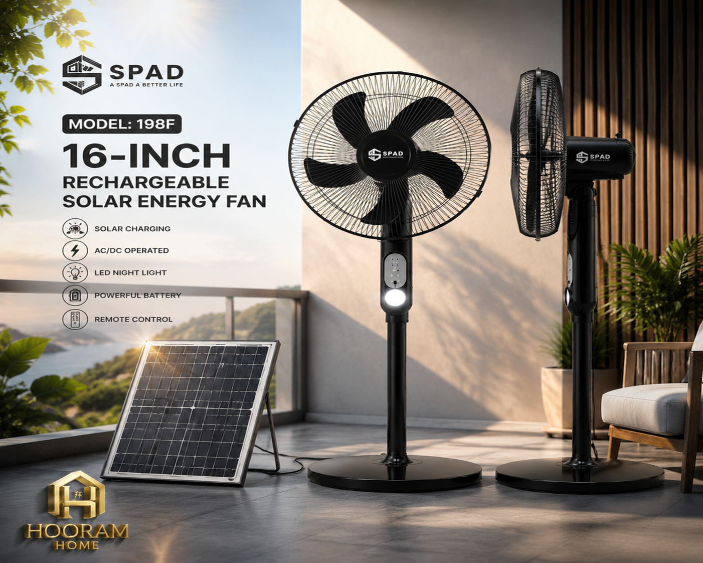 پنکه ایستاده شارژی و خورشیدی«SPAD»مدل:198F